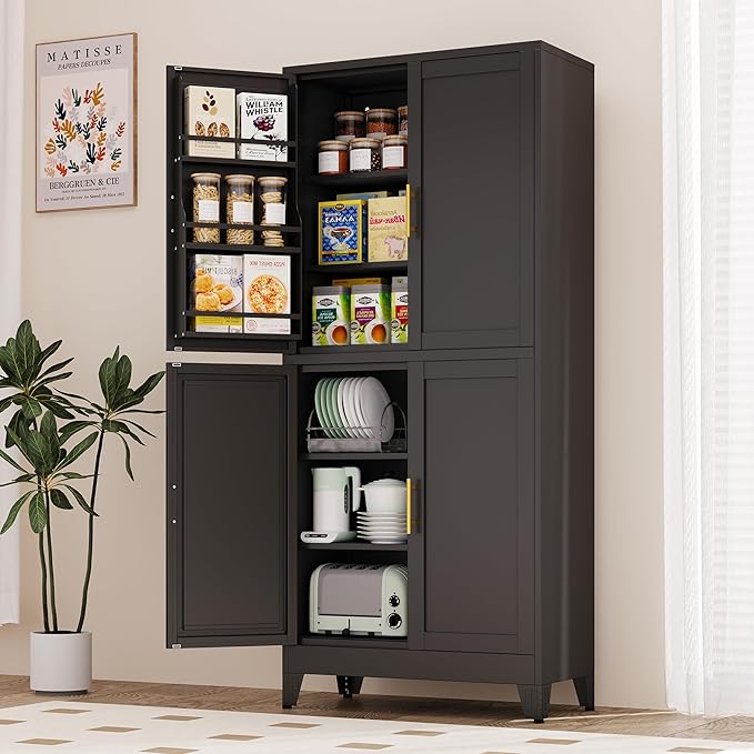 75" H Metal Storage Cabinet, Pantry with 6 Door Shelves and 4 Adjustable Shelves, Leveling Foot for Kitchen, Living Room and Dinning Room, Black