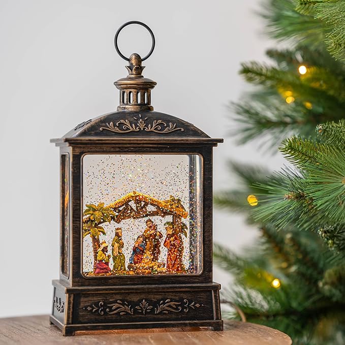 12.5'' Christmas Snow Globe Lighted Manger Nativity Scene, Musical Water Lantern Play Silent Night Music in Swirling Glitter, for Home, Battery Operated or USB Powered