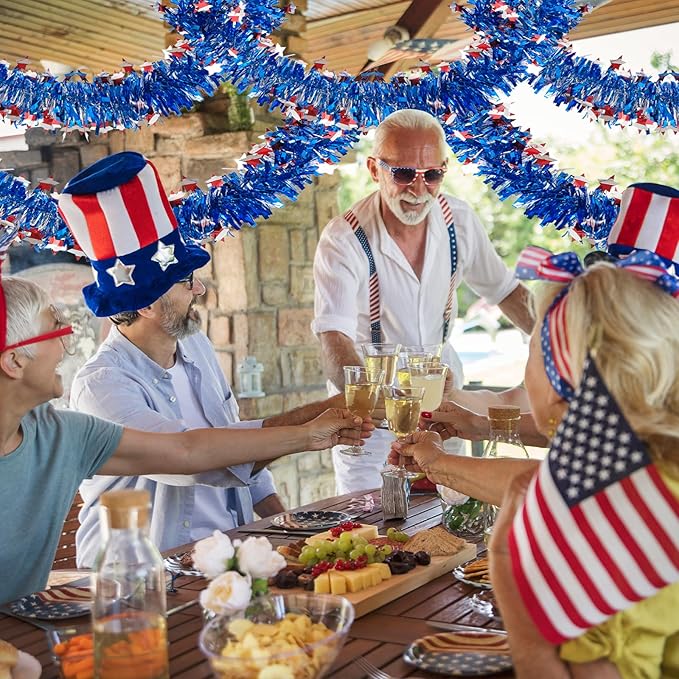 4th of July Patriotic Tinsel Garland Decoration 33FT, Red White and Blue Tinsel Garland with Shiny Star Metallic Garlands,Independence Day Memorial Day Decor for Home Indoor Outdoor