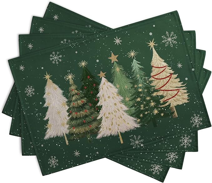 Green Christmas Tree Placemats Set of 4, 12x18 Inch Xmas Trees Snowflakes Winter Holiday Place Mats Seasonal Washable Linen Table Mats for Indoor Outdoor Kitchen Dining Party Décor