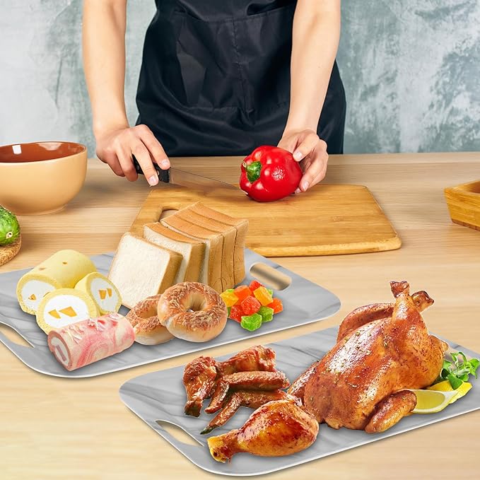 gisgfim 2Pcs Marble Serving Trays with Handles 16 x 11 Inch Large Melamine Tray Rectangular White Marble Serving Platter Grey Tray Melamine Dishes for Serving Food Outdoor Dinner Dessert Plates Party