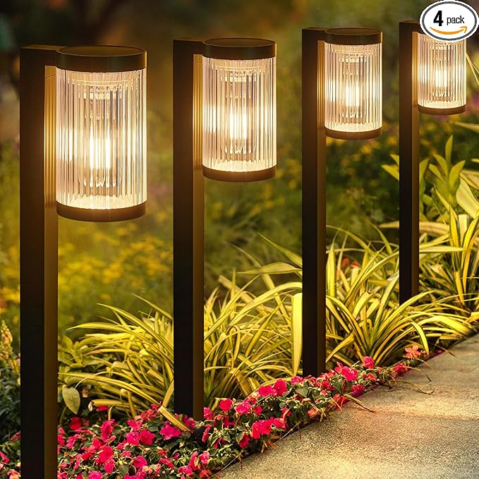 Solar Pathway Lights Outdoor, 4 Pack Upgraded Outdoor Solar Lights for Outside Super Bright Up to 12Hrs, IP65 Waterproof Solar Garden Lights for Yard Landscape Path Walkway Decoration