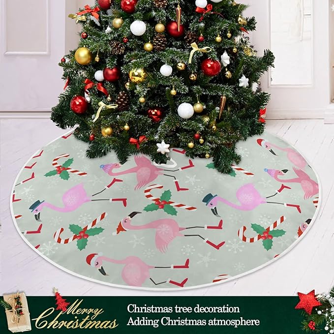Christmas Flamingo Candy Tree Skirt, Seasonal Tree Mat Holiday Party Supplies Ornaments Indoor Outdoor Decorations for Tabletop Trees 47.2 Inches