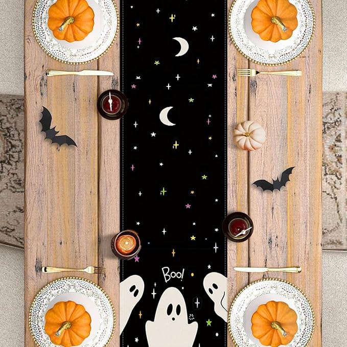 Halloween Black Table Runner Spooky Ghost Floral Boo Table Linen Runner Seasonal Holiday Kitchen Dining Table Decoration Halloween Decorations for Indoor Outdoor Home Party Decor 13x72 Inch
