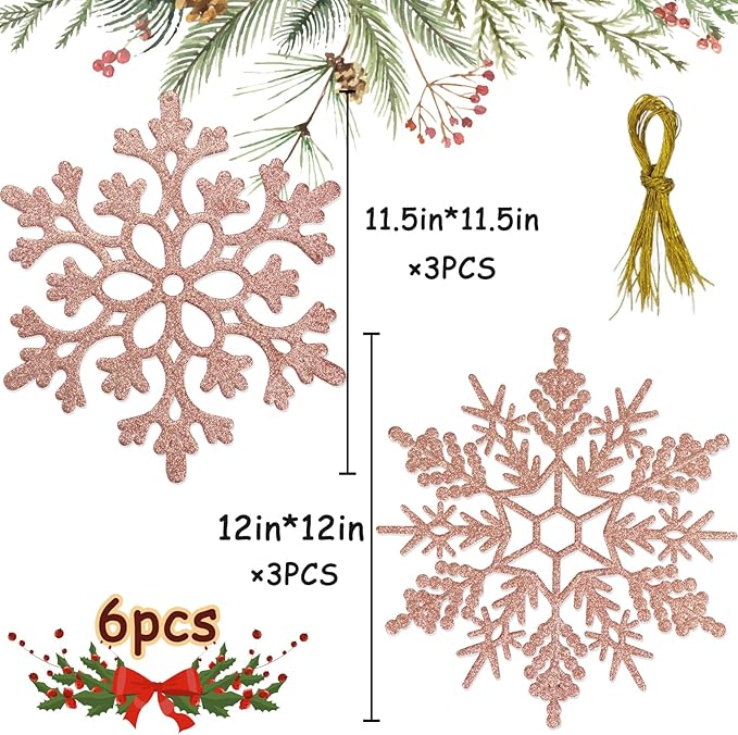 6pcs Large Snowflakes Ornaments Rose Gold 12” Big Plastic Glitter Snowflake for Winter Indoor Outdoor Christmas Tree Window Room Decorations Giant Craft Snowflakes