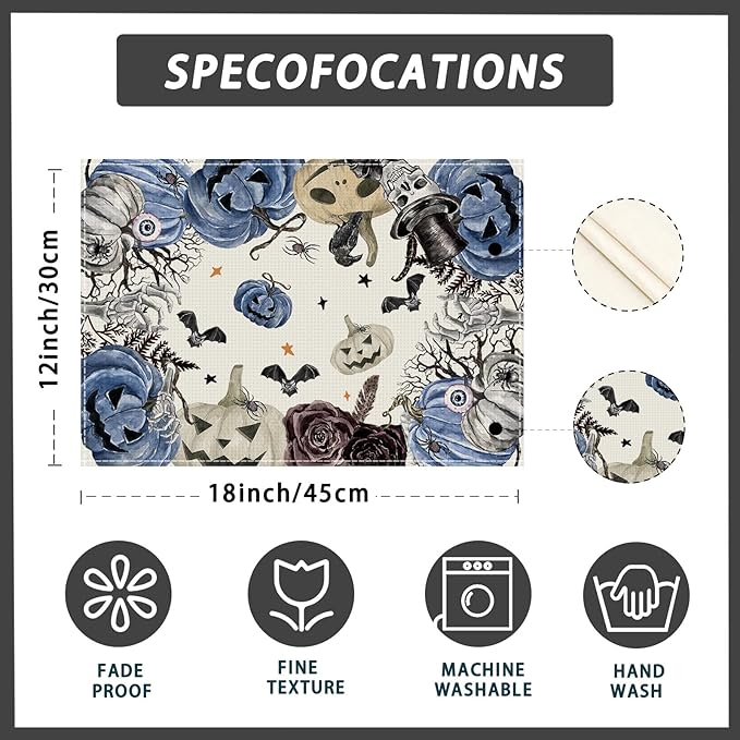 XCHI Spooky Blue Pumpkin Halloween Placemats Set of 4 Table Mats for Party Home Kitchen Dining Table Decorations 12x18 Inch