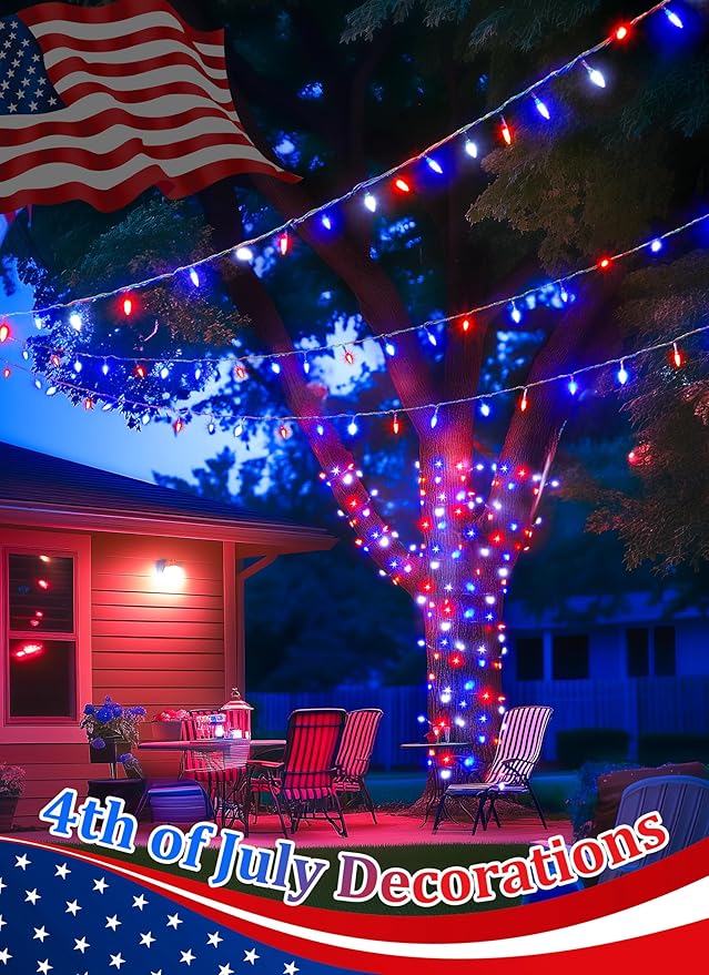 Red White Blue LED Lights - 100 Count 4th July Decoration Connectable Patriotic Mini String Lights Waterproof for Indoor Outdoor Xmas Holiday Party Patio Independence Day Decoration