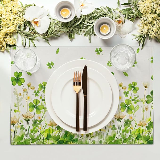 St. Patrick's Day Placemats Set of 4 Watercolor Green Shamrock Floral Spring Seasonal Washable Non-Slip Heat Resistant Place Mats 12x18 Inch Linen Table Mats for Kitchen Dining Party