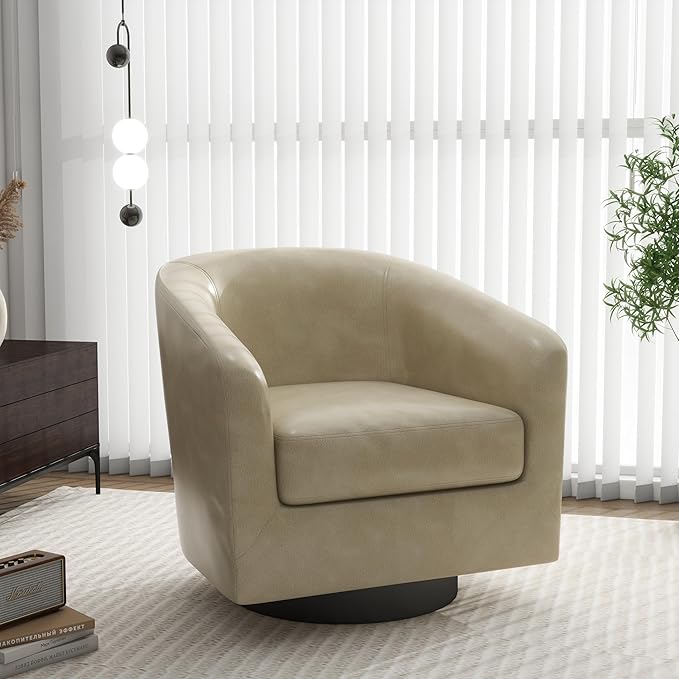 Swivel Barrel Accent Chair, Modern Round Faux Leather Arm Chair for Living Room, Bedroom, Comfy Club Reading Chairs for Adults, Faux Leather, Cream, Set of 1