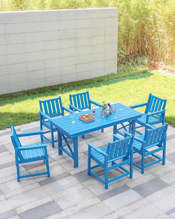 HDPE Outdoor Dining Table, 66.9” Rectangle Patio Dining Table for 6, All-Weather HDPE Outdoor Table with 2.2” Umbrella Hole, HDPE Patio Furniture for Deck, Backyard, Garden, Pool, Sky Blue