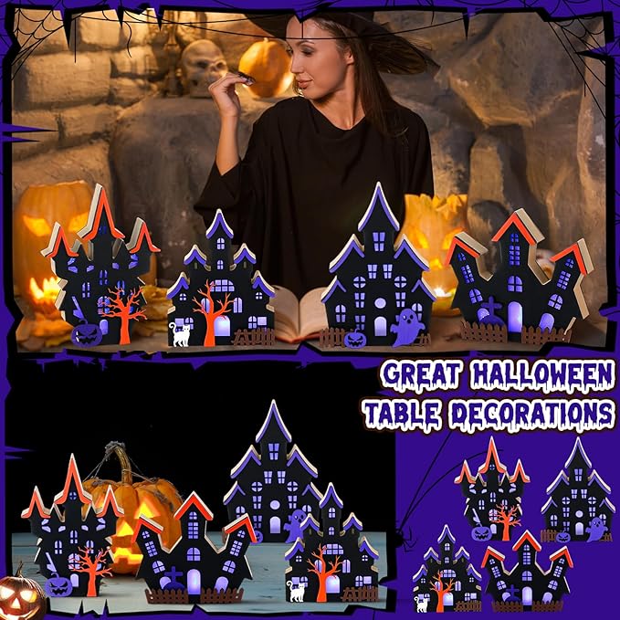 Bucherry 4 Pack Halloween Table Haunted House Decor Lighted Wooden Village Ghost House 3D Tabletop Decorations for Halloween Indoor Home Kitchen Desk Gift(New Style)