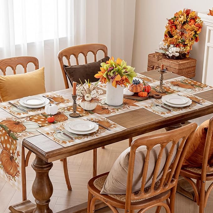Romanstile Fall Placemats Set of 8-12 X 18 Inch - Thanksgiving Autumn Harvest Pumpkin Buffalo Plaid Place Mats, Stain Resistant Wipeable Table Mats for Party/Dining/Holiday- Orange Checkered