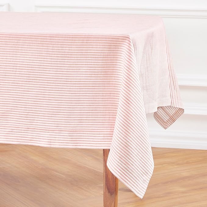 Solino Home Linen Tablecloth 60 x 90 Inch - Narrow Stripe 100% Pure Linen Peach and White Table Cloth for Rectangle Tables - Machine Washable Tablecloth