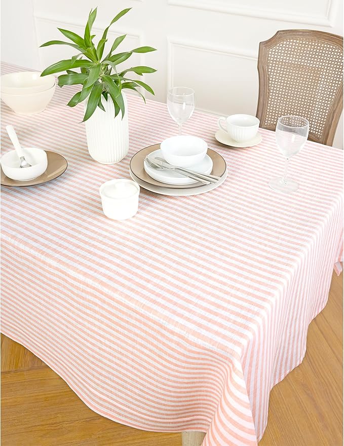 Solino Home Linen Striped Tablecloth 60 x 132 Inch - 100% Pure Linen Coral and White Table Cloth for Rectangle Tables - Amalfi Stripe, Machine Washable Tablecloth