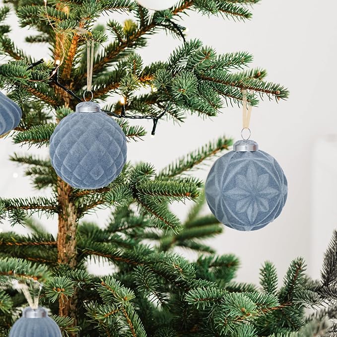 46PCS Velvet Christmas Ball Ornaments Set, Flocked Shatterproof Xmas Tree Decor, Assorted Hanging Ornaments with Loop for Holiday Home Decor, Christmas Tree, Mantel, Party Decoration (Gray Blue)