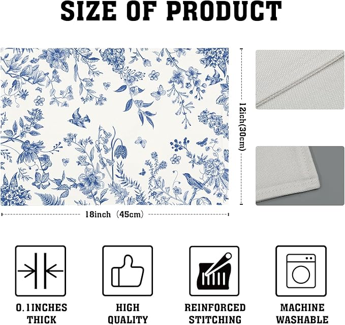 Blue White Floral Placemats Set of 4 Spring Summer Hydrangea Flowers Branches Washable Non-Slip Heat Resistant Place Mats 12x18 Inch Chinoiserie Linen Table Mats for Home Kitchen Dining Party Decor