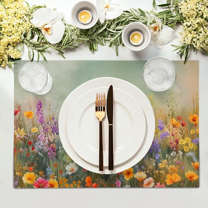 Floral Placemats Set of 4 Spring Summer Wild Flower Washable Non-Slip Heat Resistant Place Mats 12x18 Inch Vintage Rustic Linen Table Mats for Kitchen Dining Party Decor