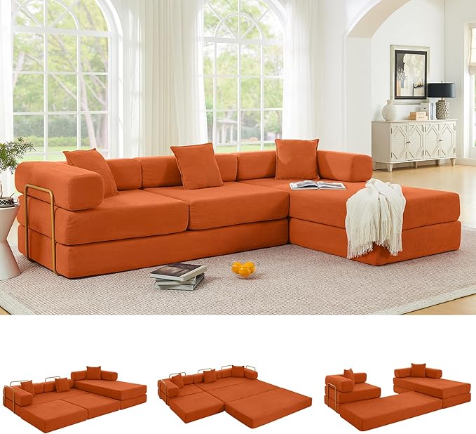 108" Oversized Convertible Sleeper Sofa Bed, Corduroy L Shape Sectional Couch, Folding Sofa Bed with Side Pocket, Modern Cloud Floor Mattress Couch, Modular Sofa for Living Room, Orange