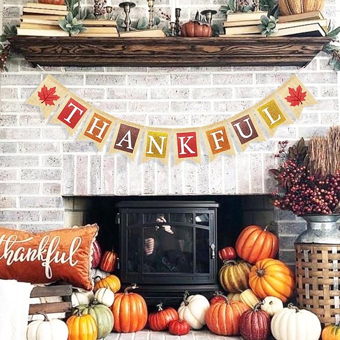 Thankful Burlap Banner with Maple Leaves, Happy Fall Thanksgiving Mantle Fireplace Decorations Garland Autumn Harvest Outdoor Home Office Classroom Hanging Decor