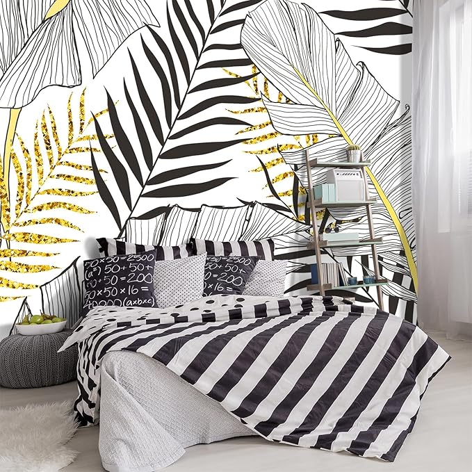 '-Black and Gold Tropical Botanical Banana Leaf Fabric Wallpaper Living Room Bedroom Bathroom Abstract Plant Large Wall Mural- 160"x108"( not Peel and Stick)
