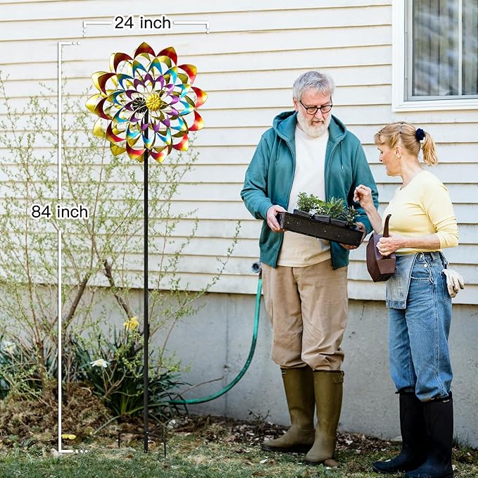 Garden Wind Spinners Outdoor Large Metal, 84'' Yard Art Wind Sculptures & Spinners, Windmills Gifts for Mother's Day Birthday Lawn Patio Decor(Rainbow)