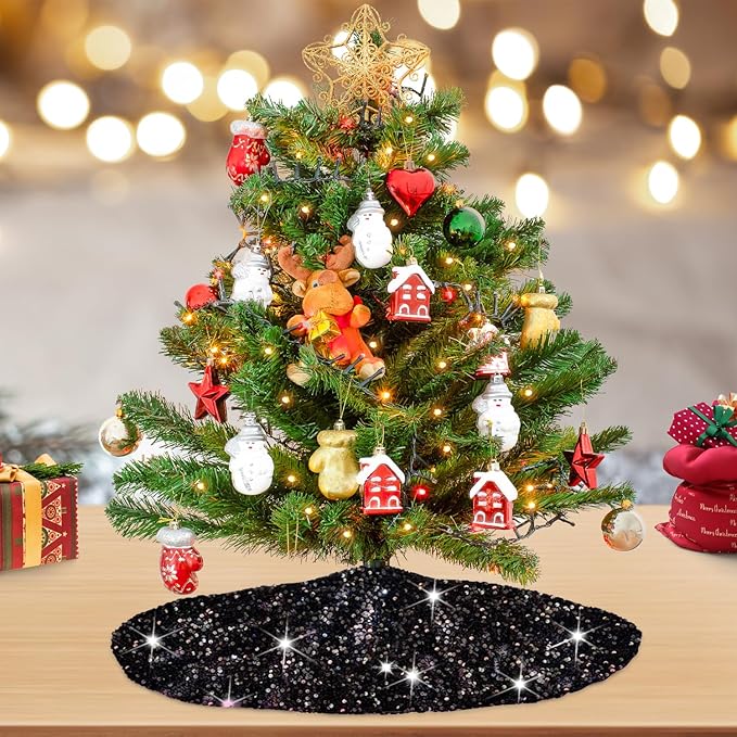Black Tree Skirt Christmas 21 Inch Decorated Sequin Tree Skirt Velvet Xmas Tree Mat Soft Thick Tree Cover Base Sparkling Small Skirt for Artificial Trees Halloween Supply for Home Family Decorations