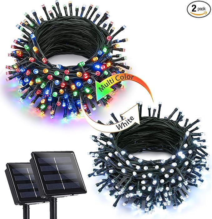 Joomer Color Changing Christmas Lights, 2 Pack Total 144FT 400 LED 12 Modes Solar String Lights Waterproof Twinkle Fairy Lights for Garden Yard Patio Christmas Decoration (White to Multicolor)