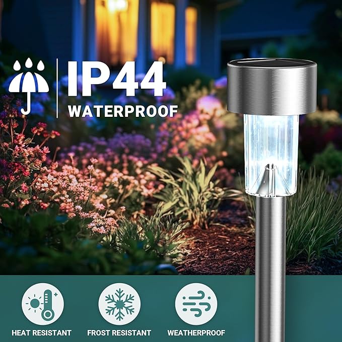 GIGALUMI Solar Lights Outdoor Waterproof, 20 Pack, Stainless Steel LED Solar Garden Lights for Patio, Lawn, Yard and Landscape, Garden Decor Patio Decor, Cold White