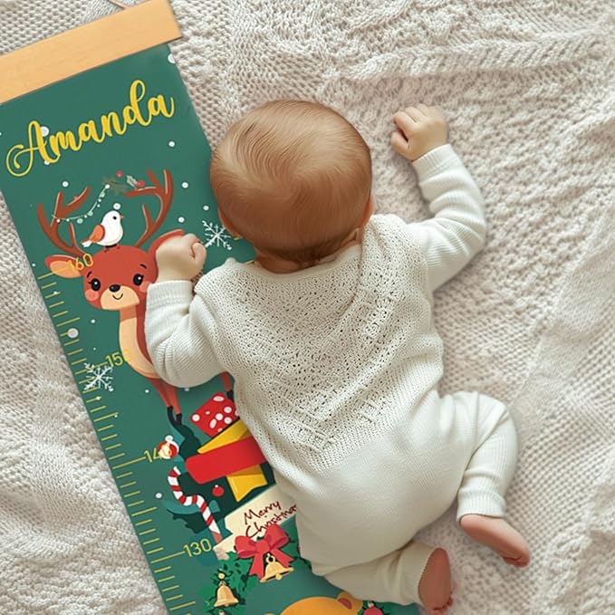 Personalized Name Growth Chart Wall Decor for Kids – Canvas Removable Height Chart Measuring Ruler 59" x 7.9" (Christmas Deer)