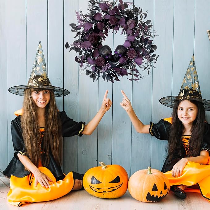 20" Halloween Wreaths for Front Door, Black Glitter Skulls Purple Eucalyptus Leaves Halloween Horror Decor, Gothic Party Room Decoration