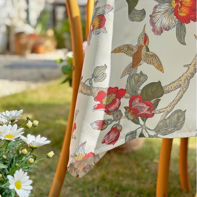 Waterproof Rectangular Tablecloth 60 x 120 Inch, Bird Floral Table Cloth Country Spring Summer Tablecloths, Table Cover for Farmhouse, Dining, Outdoor - Red Flower