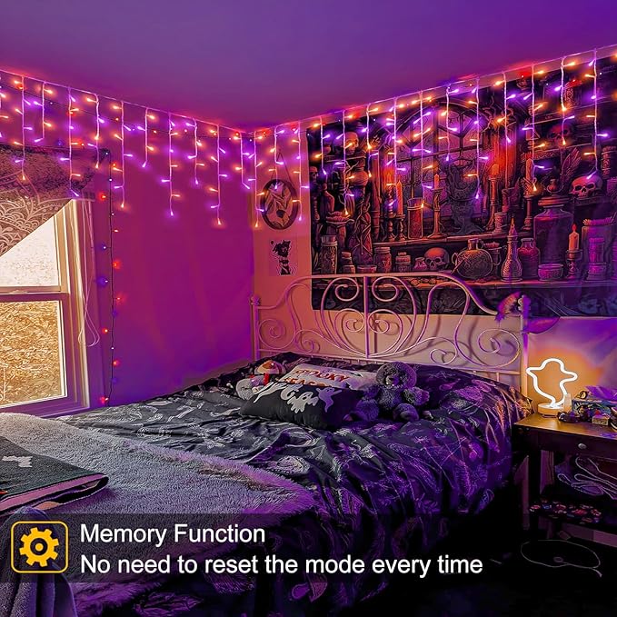 33ft Halloween Lights Outdoor, 400 LED Icicle Lights for Outside, Orange and Purple Twinkle Christmas Light with Connectable Clear Wire 8 Modes Timer Waterproof for House Party Tree Holiday Yard Decor