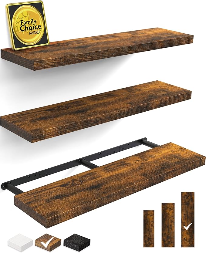 BAYKA Floating Shelves for Wall, 36 inches Wall Mounted Rustic Wood Shelves for Bathroom, Bedroom, Living Room, for Storage/Decor with 30lbs Capacity๏ผRustic Brown,Set of 3