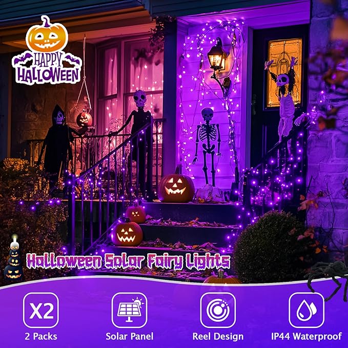 JMEXSUSS 2 Pack Solar Halloween Lights Outdoor, 33ft 100 LED Purple Halloween Lights, Waterproof 8 Modes Purple Solar Light for Outside Tree Garden Patio Christmas Decorations