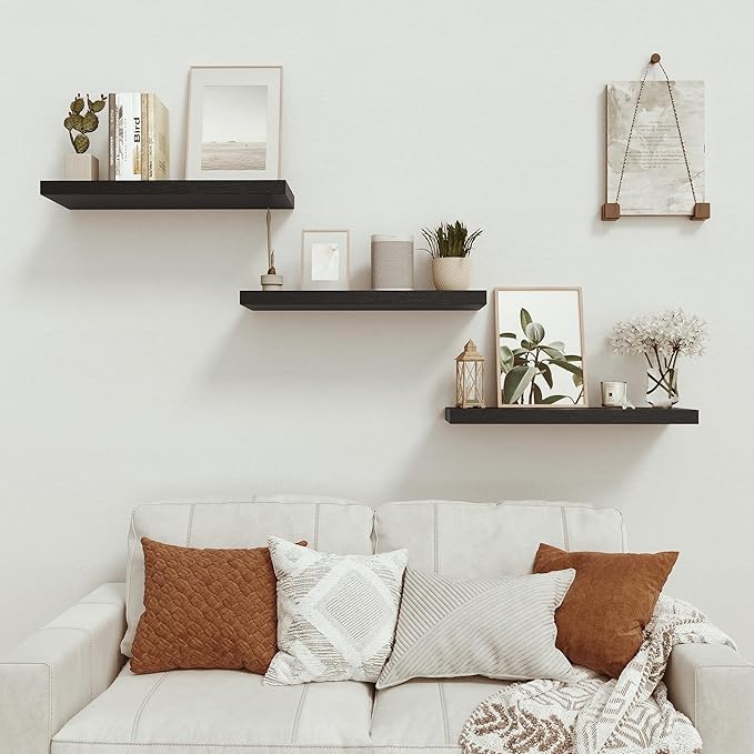 Black Floating Shelves for Wall Mounted, 24 inchs x 9.1” Deep x 1.5” Thick Wall Shelves for Bedroom, Living Room, Bathroom,Kitchen, Office, Home Decor Shelf with Invisible Bracket - Set of 2