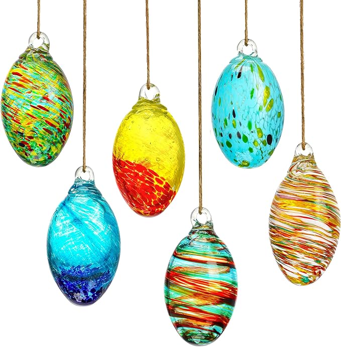 Set of 6 Hand Blown Glass Egg Ornaments Hanging Gazing Ball Witches Ball Friendship Decor for Home Outdoor Wedding Party