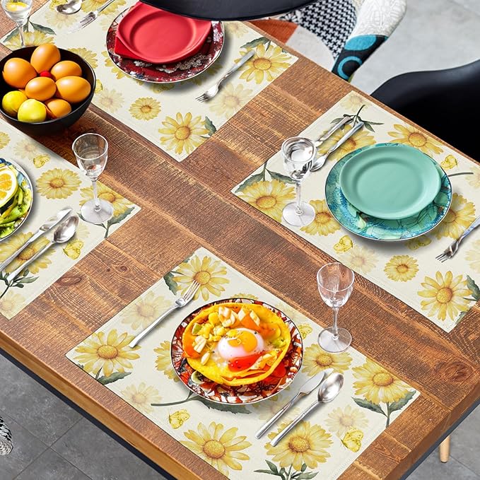 Sunflower Placemats Set of 4 Summer Yellow Floral Table Mat 12x18 Inch Farmhouse Daisy Flower Linen Fabric Place Mats for Party Kitchen Dining Outdoor Indoor Decor