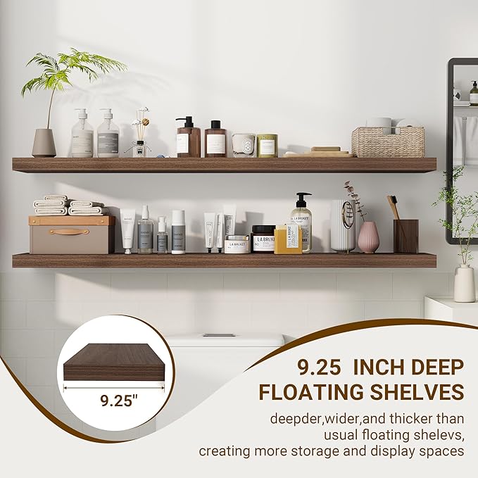 55 Inch Floating Shelves, 55"x9.25"x1.5" Inch Deep Floating Shelves for Wall, Wooden Shelves for Bathroom, Bedroom, Living Room, Walnut
