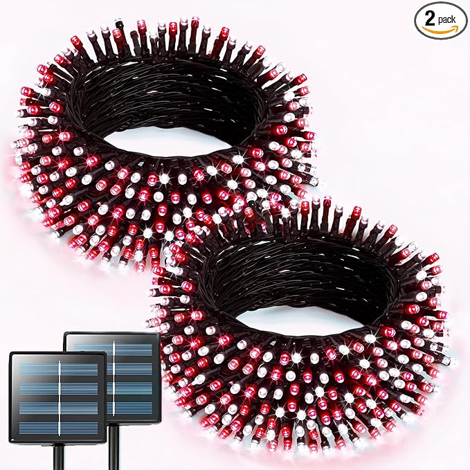 JMEXSUSS 2 Pack Red and White Solar Christmas Lights, Total 400 LED 151FT Solar String Lights Outdoor Waterproof, 8 Modes Solar Lights for Outside Tree Patio Christmas Decorations