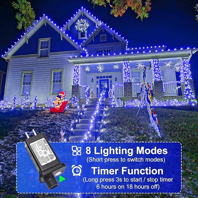 Christmas Lights Outdoor, 262FT 800 LED Christmas String Lights 8 Modes, Green Wire Waterproof Twinkle Tree Light for Indoor House Yard Patio Wedding Holiday Decorations, Blue