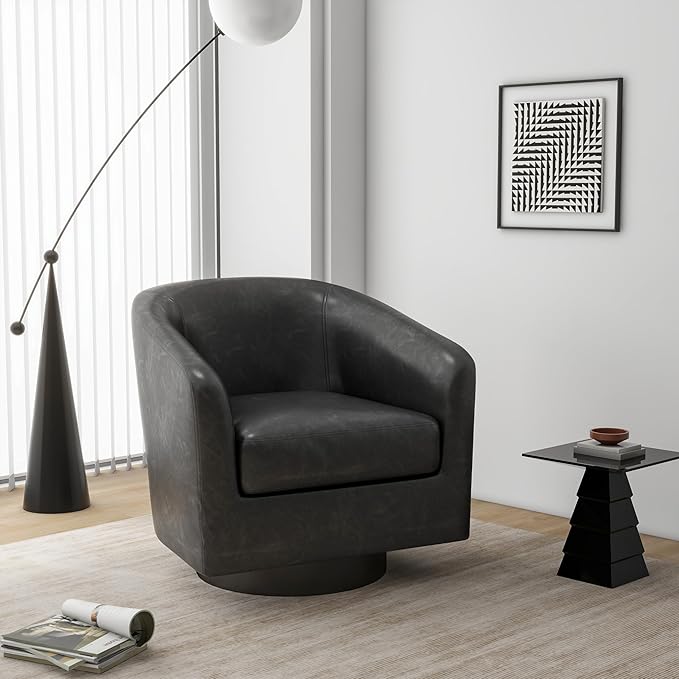 Swivel Barrel Accent Chair, Modern Round Faux Leather Arm Chair for Living Room, Bedroom, Comfy Club Reading Chairs for Adults(Faux Leather, Black Grey, Set of 1)