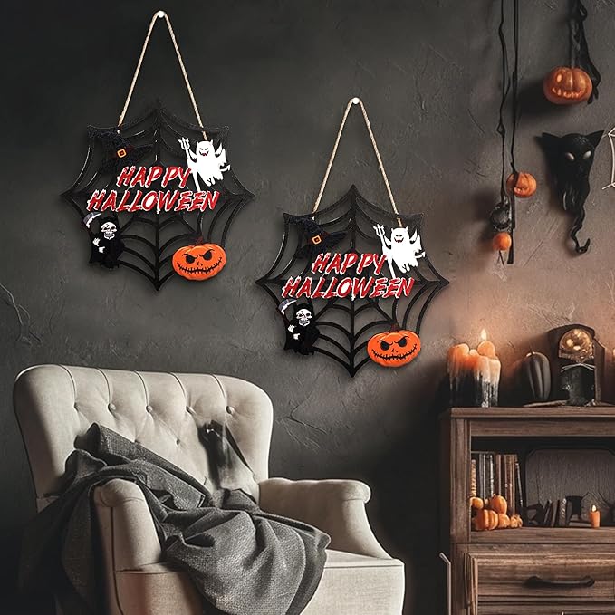Halloween Party decorations - Welcome Sign for Front Door,Rustic Round Wood Wreaths for Outdoor Outside,Spider Web Garland Porch Ghost Decor for Party Favors Supplies | Halloween Decor for Wall Indoor