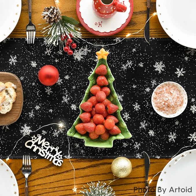 Artoid Mode Snowman Birds Trees Christmas Table Runner, Seasonal Black Winter Holiday Kitchen Dining Table Decoration for Home Party Decor 13 x36 Inch