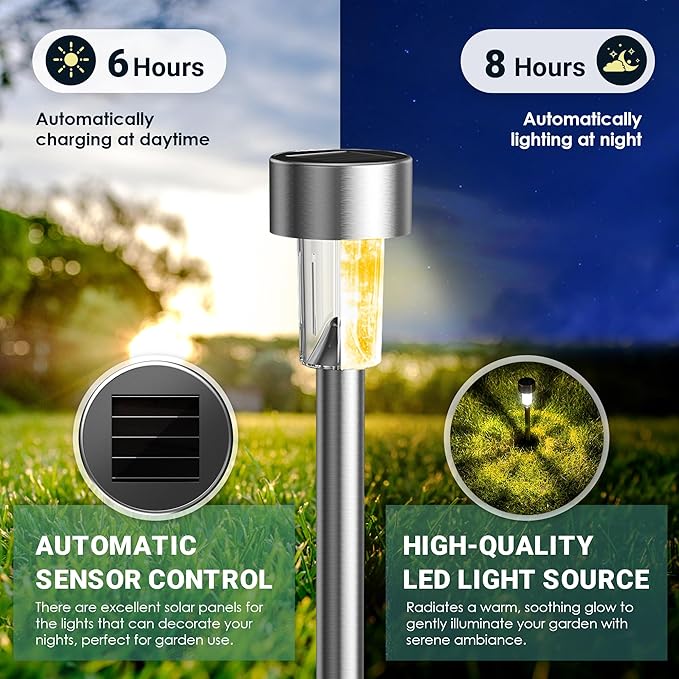 GIGALUMI Solar Lights Outdoor Waterproof, 12 Pack, Stainless Steel LED Solar Garden Lights for Patio, Lawn, Yard and Landscape, Garden Decor Patio Decor,Warm White
