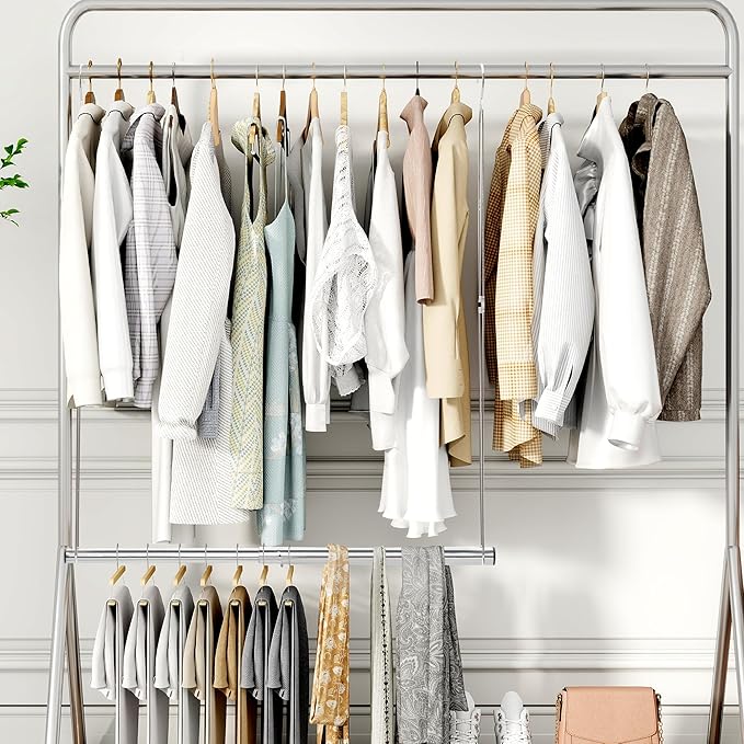 STORAGE MANIAC Hanging Closet Rod, Adjustable Width and Height Closet Hanging Organizer, Space-Saving Clothes Hanging Bar, Closet Extender Hanging Rod Double Closet Hanging Rod, 2 Pack Chrome