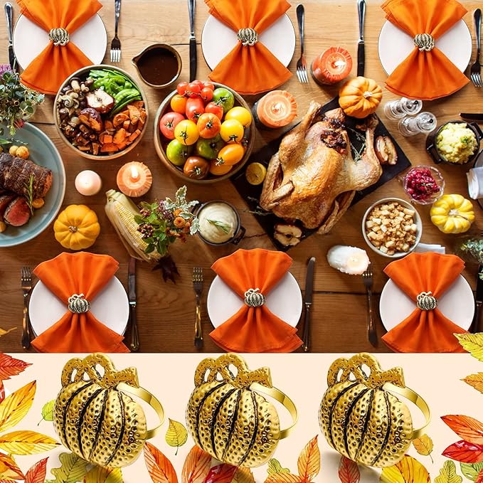 20 Pcs Thanksgiving Pumpkin Napkin Rings Gold Napkin Holders Fall Dinner Table Napkin Rings for Thanksgiving Harvest Table Party Decoration