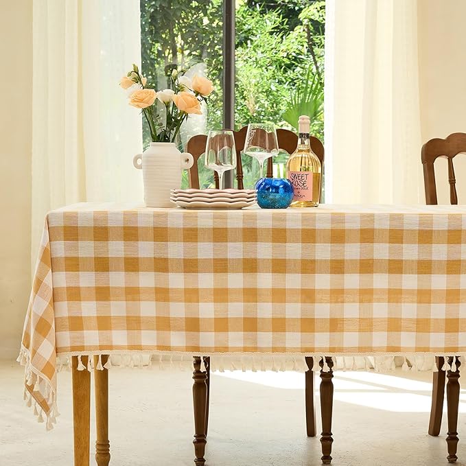 Table Cloth Rectangle Table-Rustic Gingham Tablecloth Buffalo Plaid Table Cloth for Spring Summer Easter Thanksgiving Picnic Kitchen Dining Room (55x70 Inch,Yellow and White)