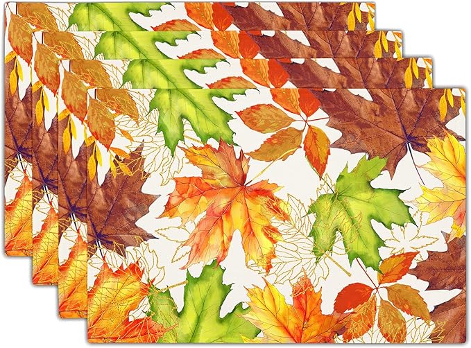 Fall Placemats Set of 4 Autumn Thanksgiving Maple Leaf Place Mats 12x18 Inch Seasonal Rustic Harvest Washable Table Mats for Party Kitchen Dining Decoration