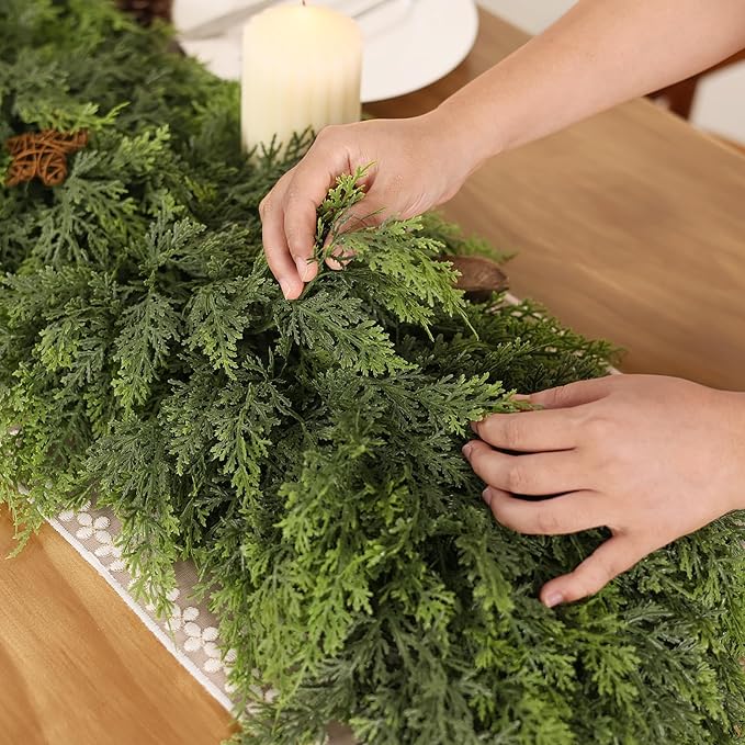 5FT Real Touch Cedar Garland - Artificial Christmas Garland Fake Green Faux Thick and Lush Pine Needles Garlands for Table Fireplace Mantle Holiday Home Indoor Outdoor Decor (2PCS)