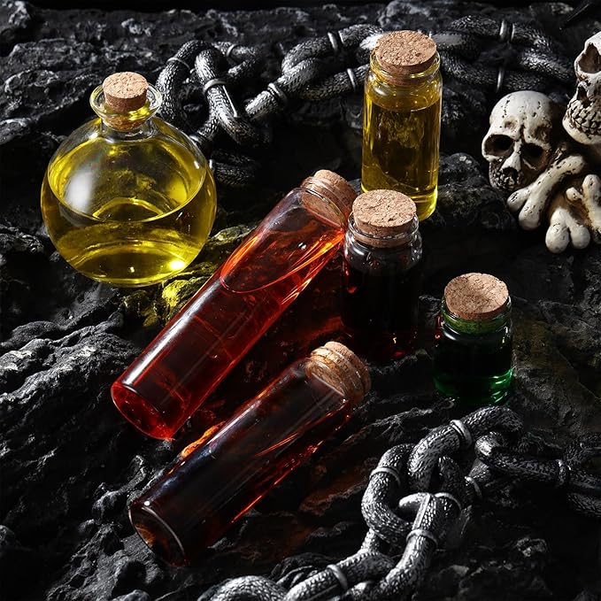 12 Pcs Halloween Glass Potion Bottle with Corks 6 Size Assorted Mini Glass Bottle Clear Message Jars with 2 Funnels for Halloween Decoration Party Favor Costume Prop DIY Crafts Witchcraft Supplies